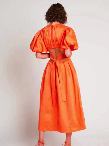 Autumn New Round-Neck Bubble Sleeve Belt To Collect Waist Hollow Long Dress Woman